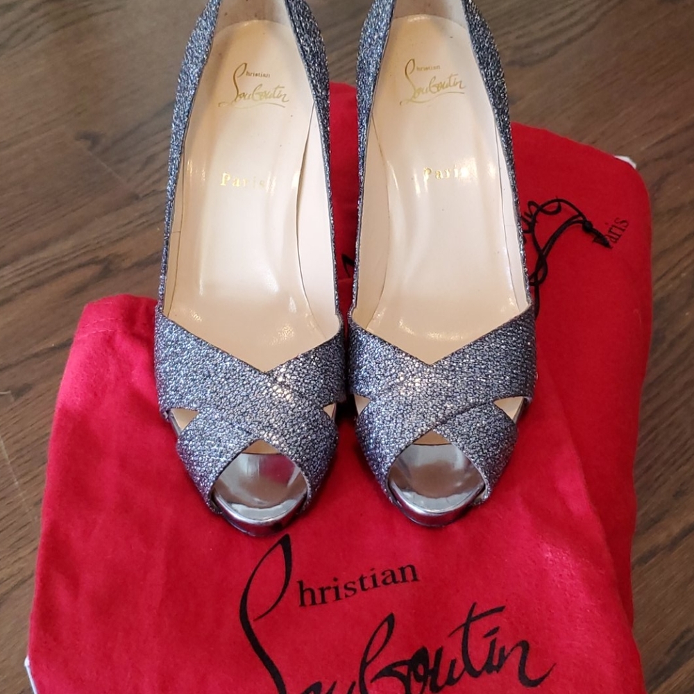 Christian Louboutin Glitter Criss-Cross Peep Toe Stiletto Shoes - Picture 2 of 8